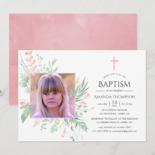 Invitation Baptême ou Christening au feuillage Pastel Rose