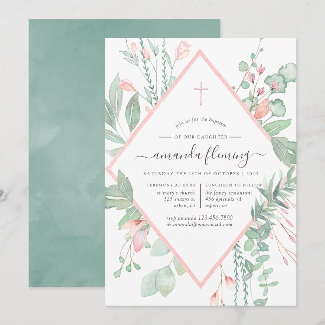 Invitation Baptême ou Christening au vert pastel rose (Devant / Derrière)