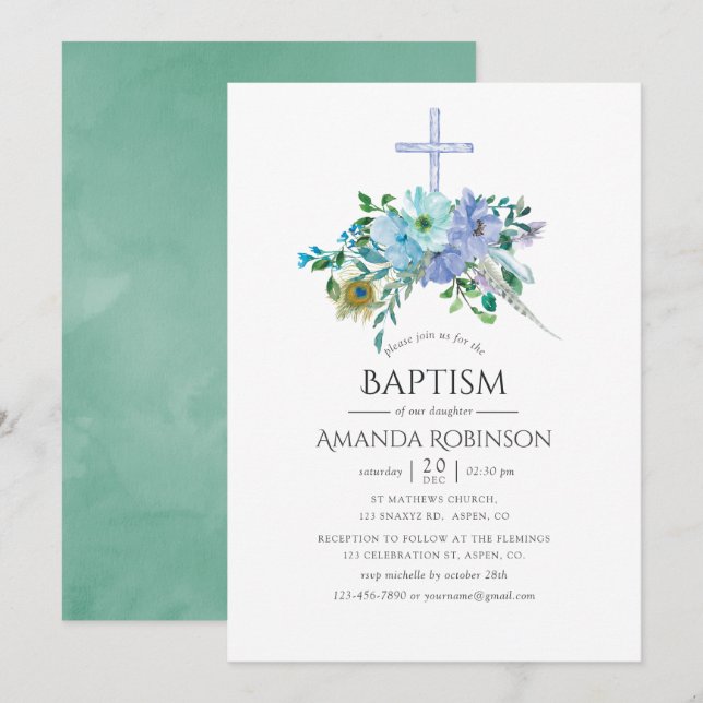 Invitation Baptême ou Christening Boho Menthe et Bleu (Devant / Derrière)