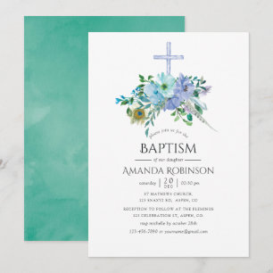 Invitation Baptême ou Christening Boho Menthe et Bleu