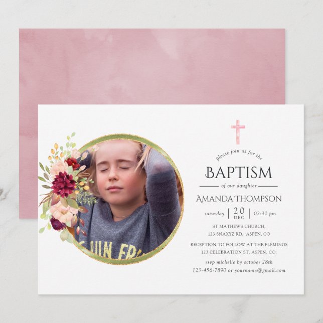 Invitation Baptême ou Christening Burgundy-Marsala et rose (Devant / Derrière)