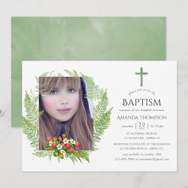 Invitation Baptême ou Christening de Campagne Verte (Devant / Derrière)