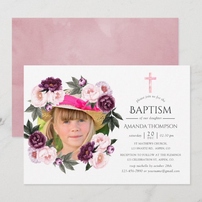 Invitation Baptême ou Christening Deep Velvet et Bush Pink (Devant / Derrière)