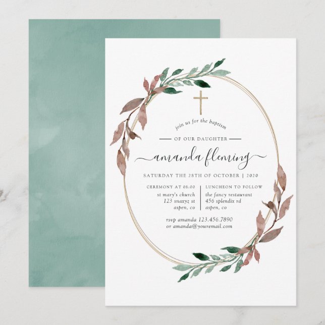 Invitation Baptême ou Christening d'hiver de verdure rustique (Devant / Derrière)