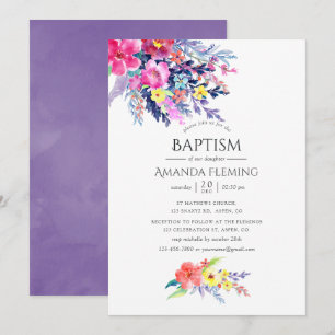Invitation Baptême ou Christening Floral Aquarelle Coloré