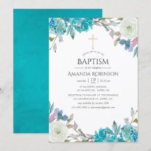 Invitation Baptême ou Christening Floral Pastel