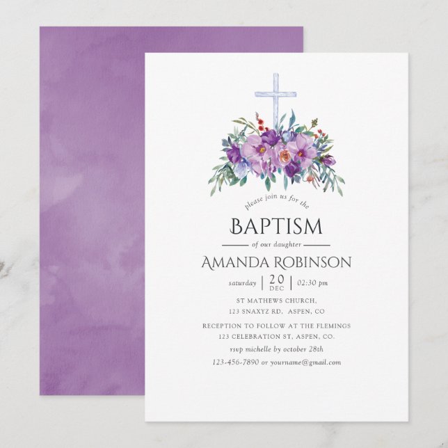 Invitation Baptême ou Christening Floral Violet (Devant / Derrière)
