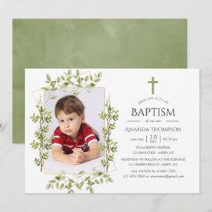 Invitation Baptême ou Christening géométrique de verdure
