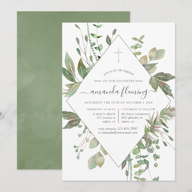 Invitation Baptême ou Christening géométrique de verdure (Devant / Derrière)