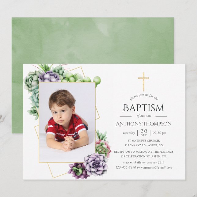 Invitation Baptême ou Christening géométrique succulent (Devant / Derrière)