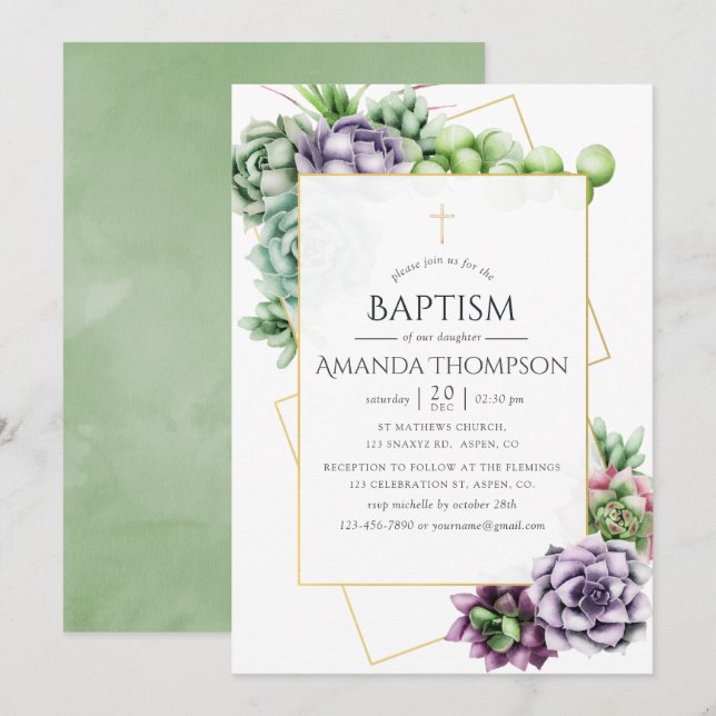 Invitation Baptême ou Christening géométrique succulent (Devant / Derrière)