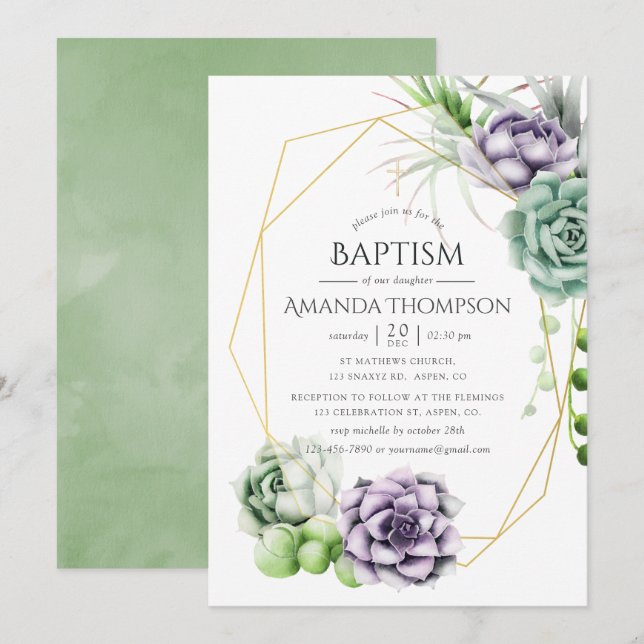 Invitation Baptême ou Christening Géométrique Succulent (Devant / Derrière)