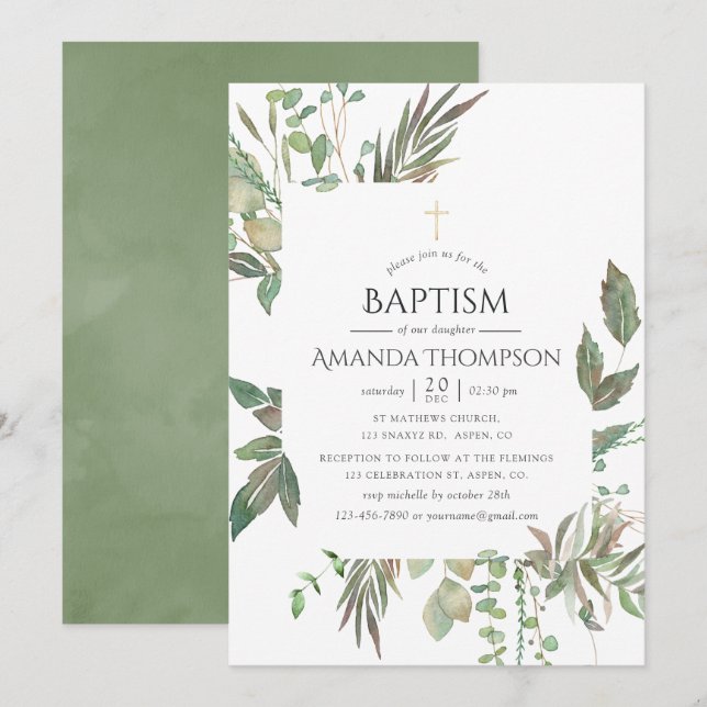 Invitation Baptême ou Christening géométrique verdure (Devant / Derrière)