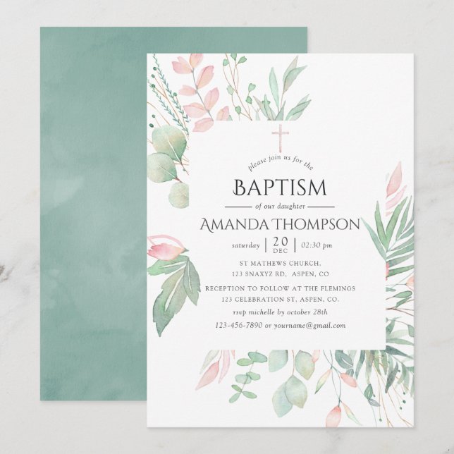 Invitation Baptême ou Christening Vert Tendre Pastel Rose (Devant / Derrière)