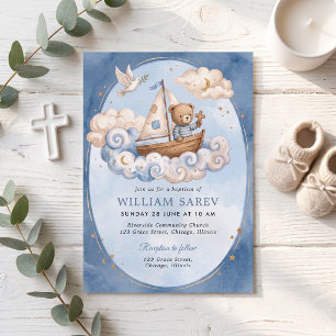 Invitation Baptême Ourson Aquarelle Bleu Doux