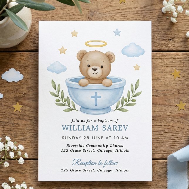 Invitation Baptême Ourson Aquarelle Nuages Bleus Étoiles (Blue Teddy Bear Baptism Invitation for Boy With Cross and Clouds)