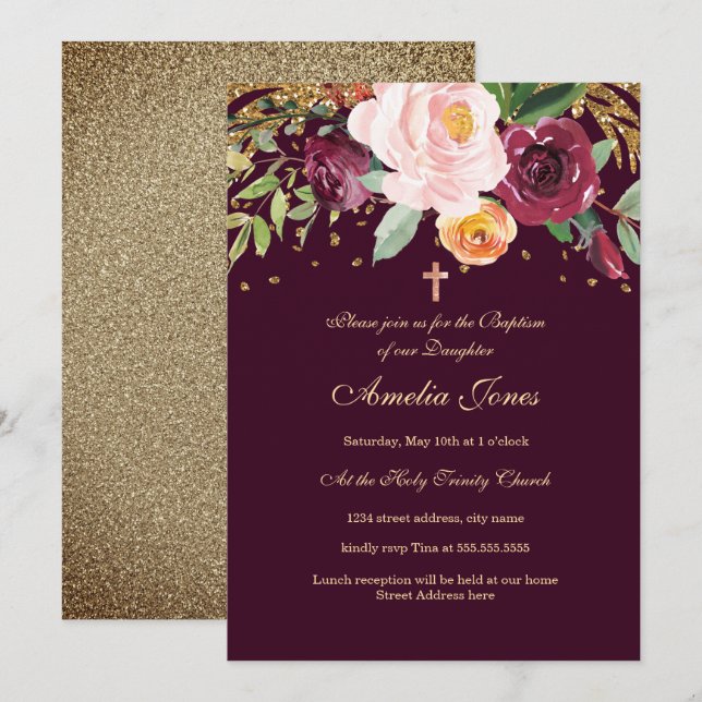 Invitation Baptême Paillettes Florales Or Bourgogne (Devant / Derrière)