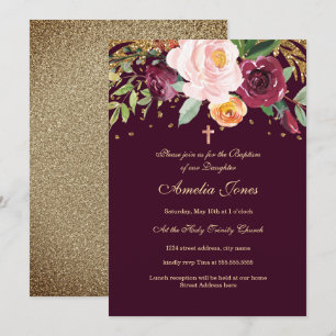Invitation Baptême Paillettes Florales Or Bourgogne