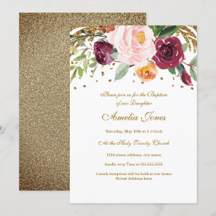 Invitation Baptême paillettes florales or rose de Bourgogne