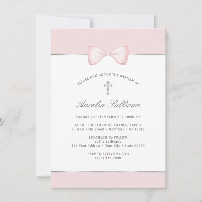 Invitation Baptême Pale Rose Bow (Devant)