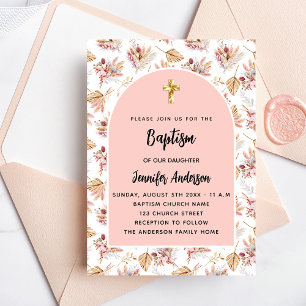 Invitation Baptême pampa fleurs rose or rose fille luxe