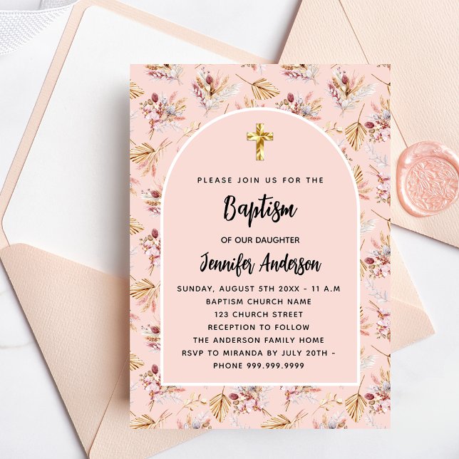 Invitation Baptême Pampas fleurs rose or rose luxe (Créateur téléchargé)