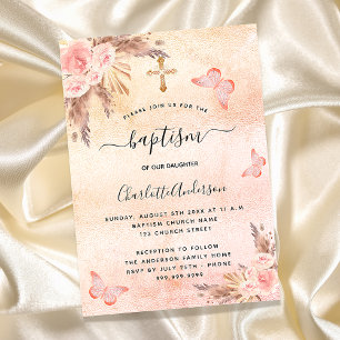 Invitation Baptême pampas herbe blush papillon fleuri luxe