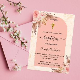 Invitation Baptême pampas herbe rose or blush marbre fille