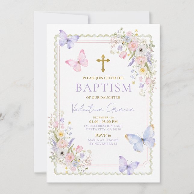 Invitation Baptême Papillon Floral Croix Dorée Fleurs (Devant)
