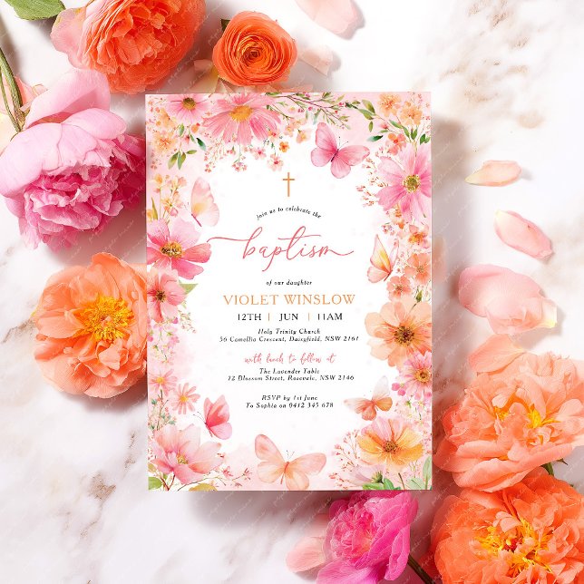 Invitation Baptême papillon floral rose Orange Girl (Pink Orange Baptism Invitation with vibrant flowers and butterflies. )