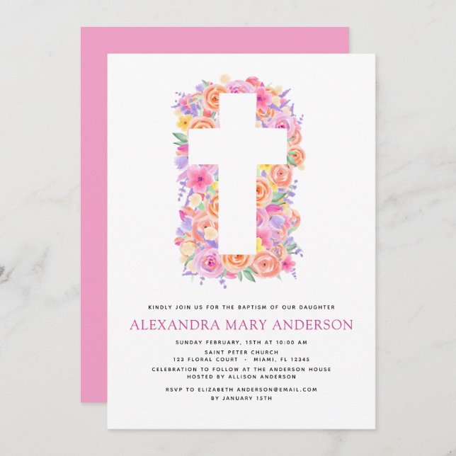 Invitation Baptême Pastel Floral Rose Croix (Devant / Derrière)