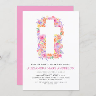 Invitation Baptême Pastel Floral Rose Croix