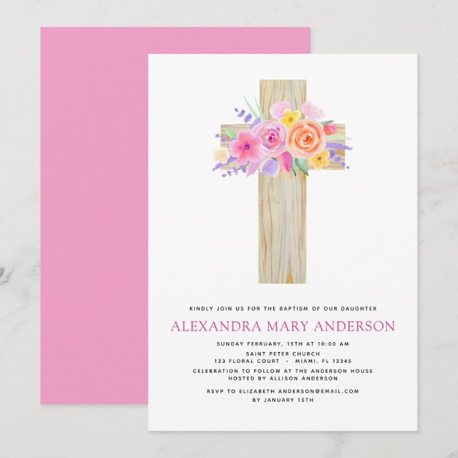 Invitation Baptême Pastel Floral Rose Croix (Devant / Derrière)