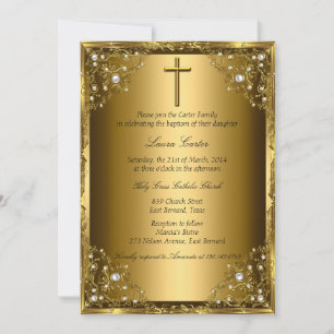Invitation Baptême Perle Damassé & Croix Or