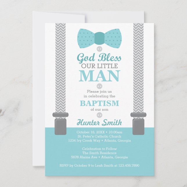 Invitation Baptême Petit Homme, Aqua, Grey (Devant)