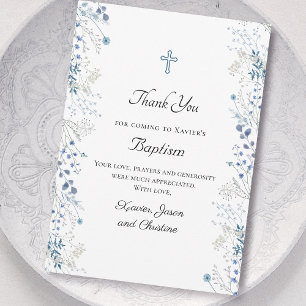 Invitation Baptême petites fleurs d'aquarelle bleue merci