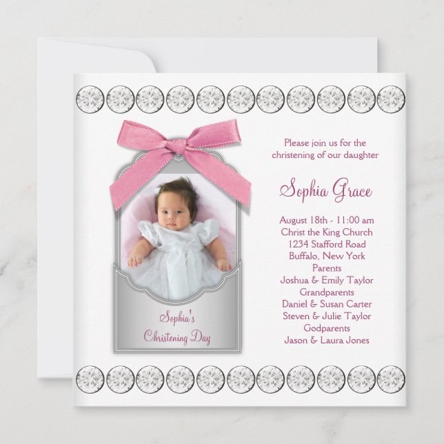 Invitation Baptême photo bébé fille blanc rose (Devant)