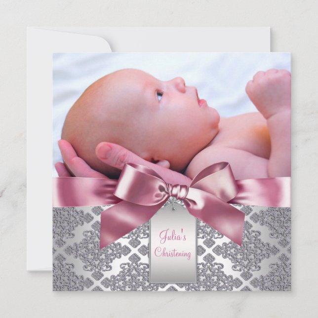 Invitation Baptême Photo Bébé Fille Damassé Rose (Devant)
