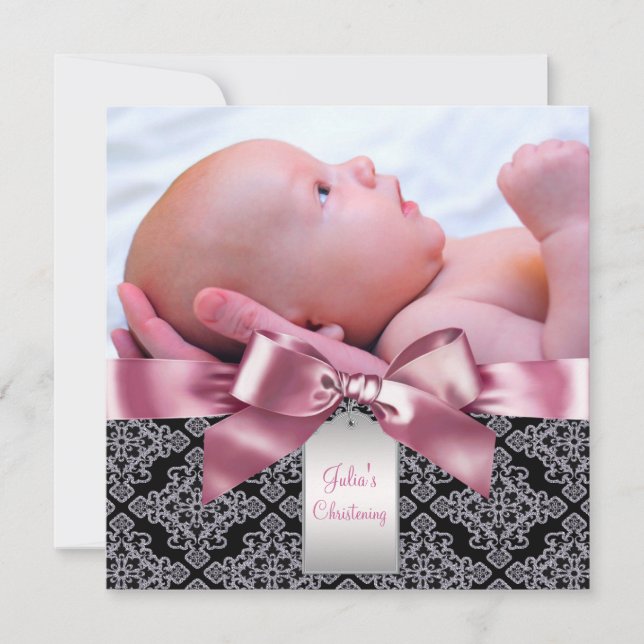Invitation Baptême Photo Bébé Fille Damassé Rose (Devant)