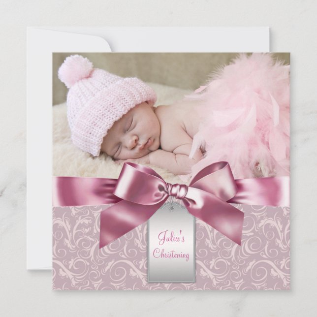 Invitation Baptême Photo Bébé Fille Damassé Rose (Devant)