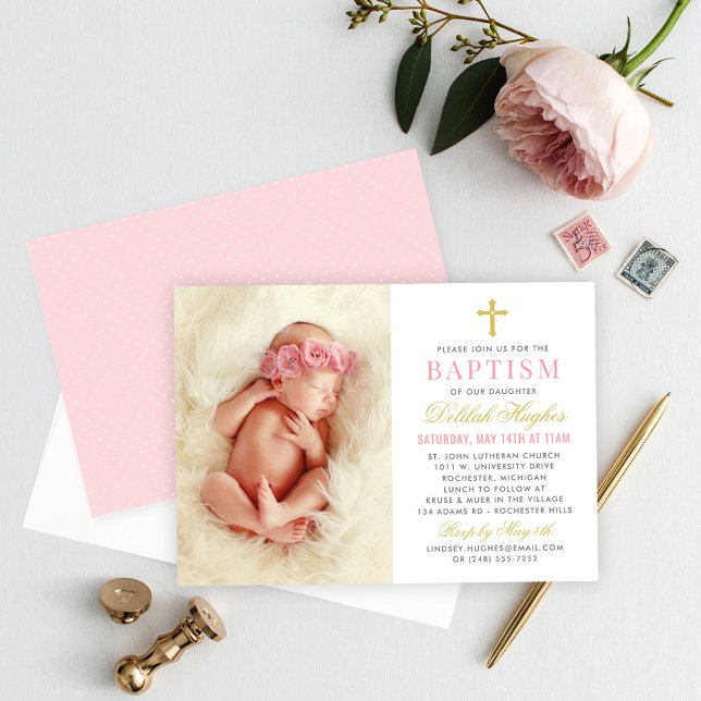 Invitation Baptême Photo Bébé Fille Rose et Or Élégant (Créateur téléchargé)