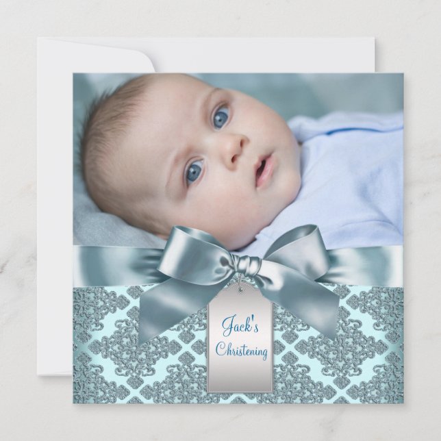 Invitation Baptême photo bébé garçon damas bleu sarcelle (Devant)