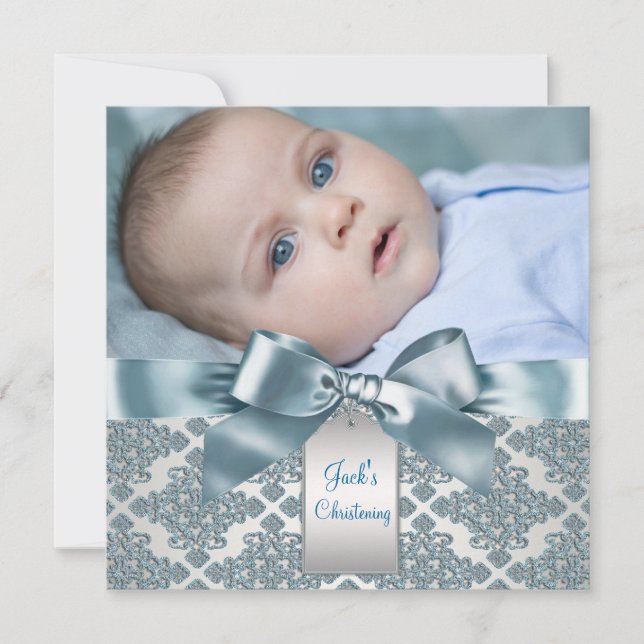 Invitation Baptême photo bébé garçon Damask Bleu sarcelle (Devant)