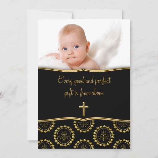 Invitation Baptême photo bébé noir et or élégant (Devant)