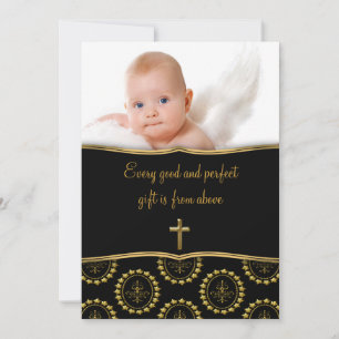 Invitation Baptême photo bébé noir et or élégant