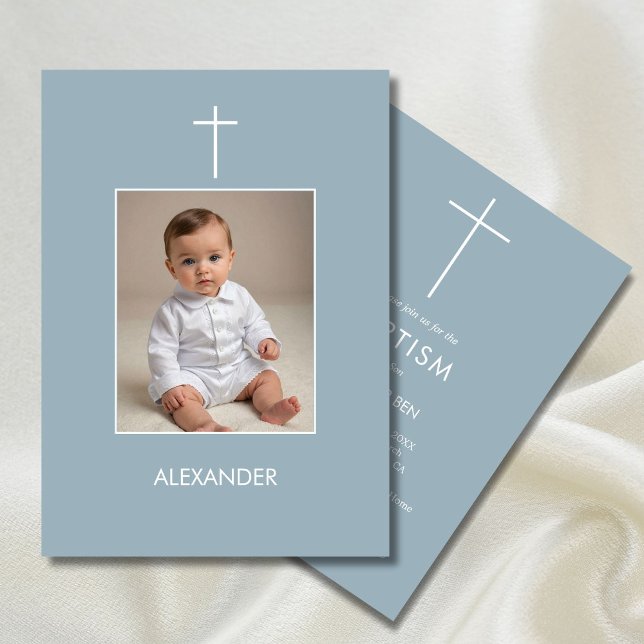 Invitation Baptême Photo Boys Blanc Religieux (Créateur téléchargé)