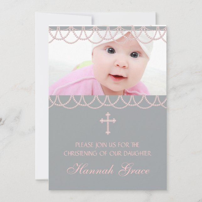 Invitation Baptême photo de bébé fille croix perle grise rose (Devant)