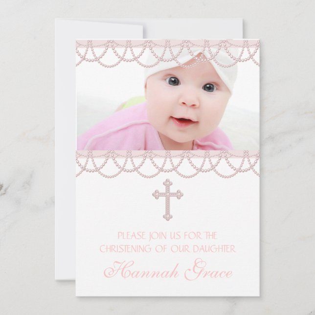 Invitation Baptême photo de bébé fille Croix Perle Rose (Devant)