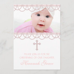 Invitation Baptême photo de bébé fille Croix Perle Rose