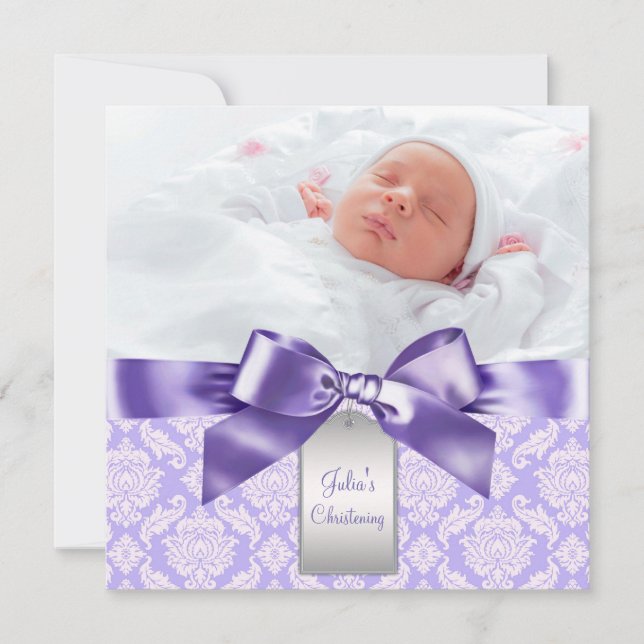 Invitation Baptême Photo de Bébé Fille en Damassé Violet (Devant)